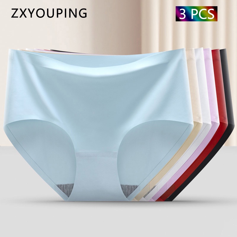1/3 PCS Ice Silk Panties Seamless Women Plus Size Lingerie Mid Waist Plain M-XXL