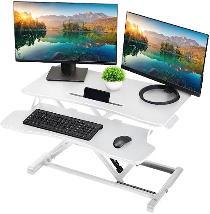 TechOrbits Computer Desk Converter-37-inch Height Adjustable, MDF Wood, Sit-to-Stand Riser-White, 37&quot;