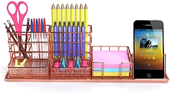 YOUHODA 7 in 1 Desk Organizers, DIY Desk Accessories &amp; Workspace Organizers, Adjustable Desktop Organization, Mesh Office Supplies Caddy, Rose Gold