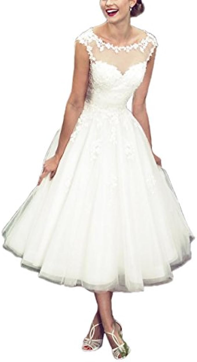 Women&#039;s Elegant Sheer Vintage Short Lace Wedding Dress for Bride